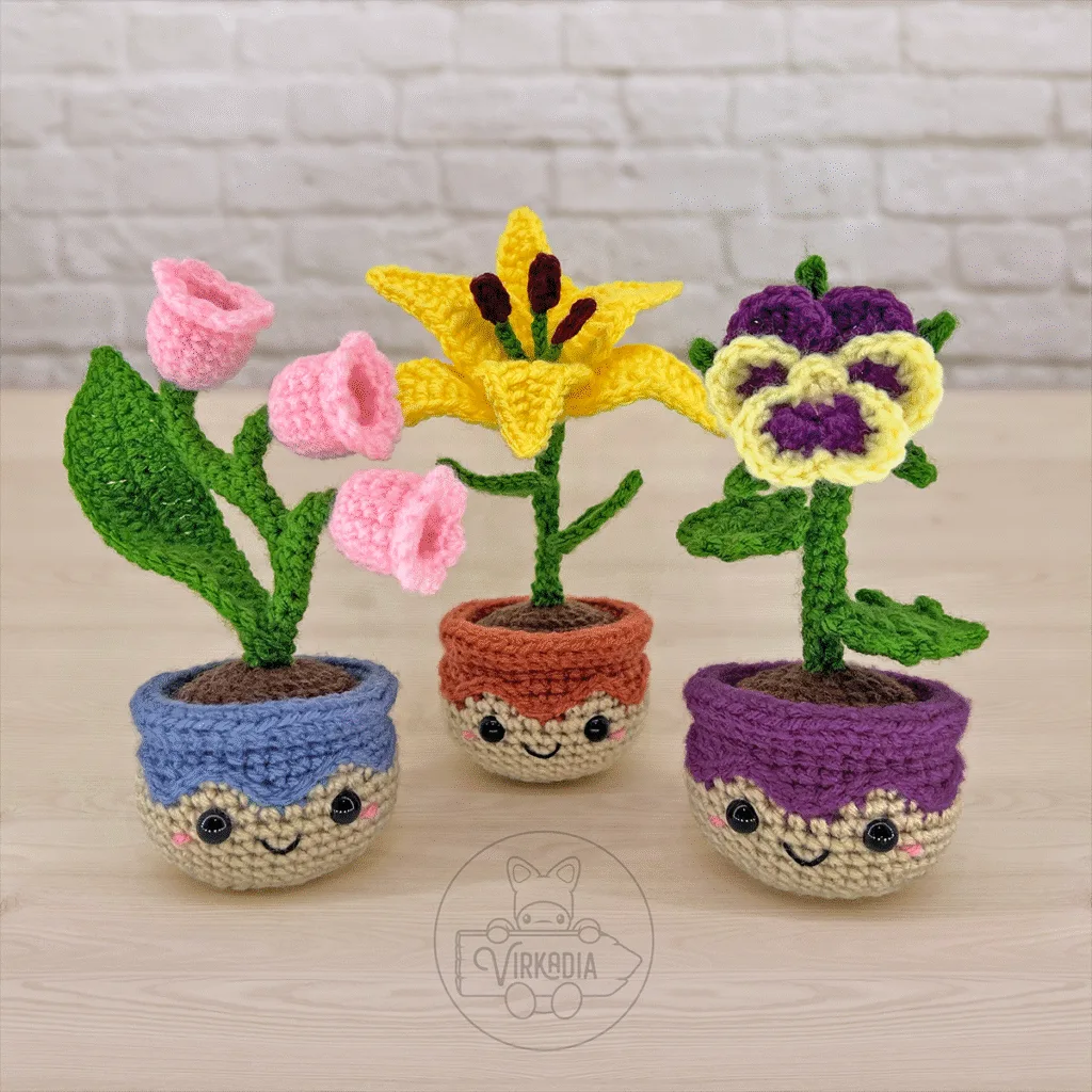 free crochet lily of the valley and crochet lily and crochet pansy amigurumi plushies for floral decorations, DIY gifts, spring crafts, and plant decor