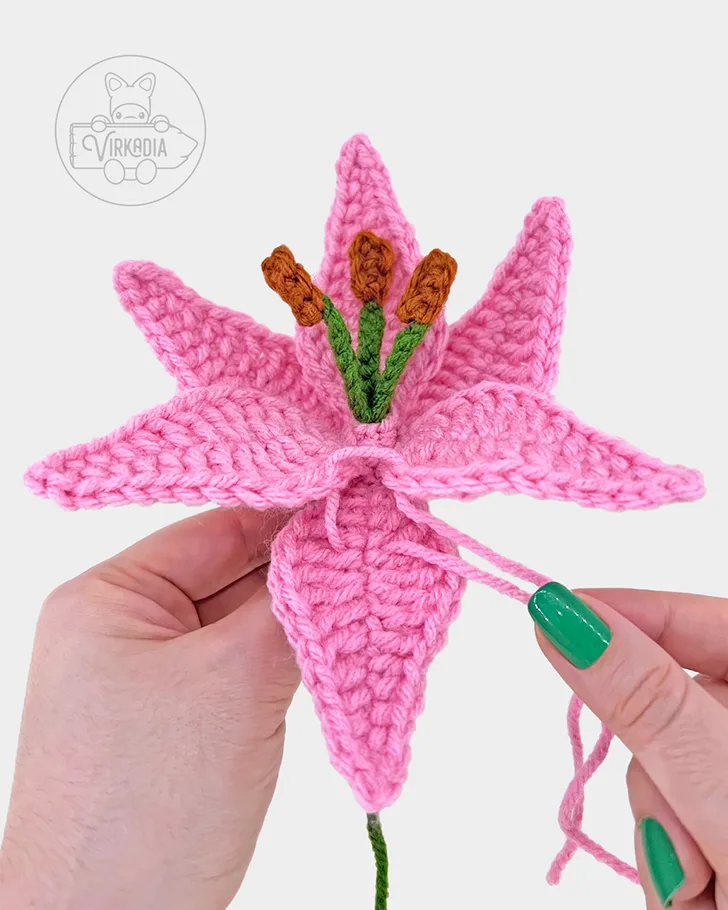 free crochet lily pattern tutorial of how to sew the petals together part two