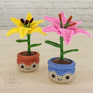 free crochet lily amigurumi plushies for floral decorations, DIY gifts, spring crafts, and plant decor