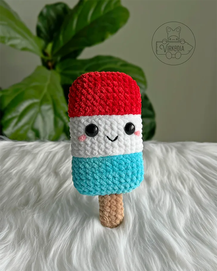 crochet ice pop amigurumi plushie in chunky yarn for 4th of July decorations, DIY holiday decor, summer crafts, and handmade gifts