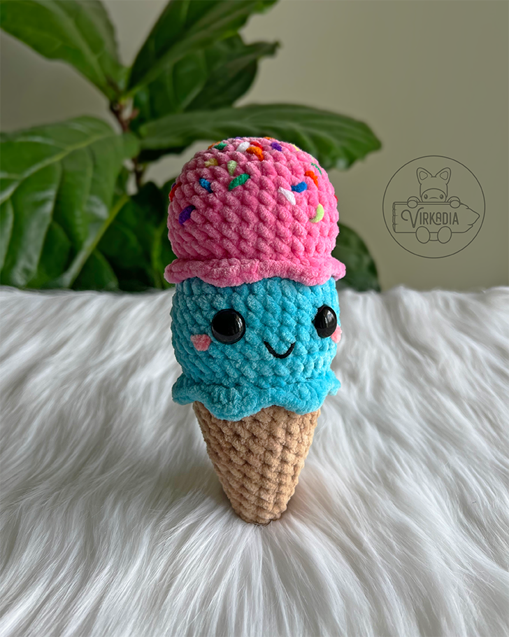 crochet ice cream cone amigurumi plushie in chunky yarn for birthday party decorations, DIY holiday decor, summer crafts, and handmade gifts