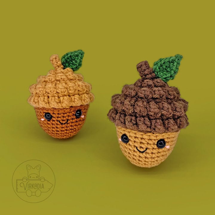 free crochet acorn amigurumi plushies for DIY fall decor, cottagecore style, and handmade gifts
