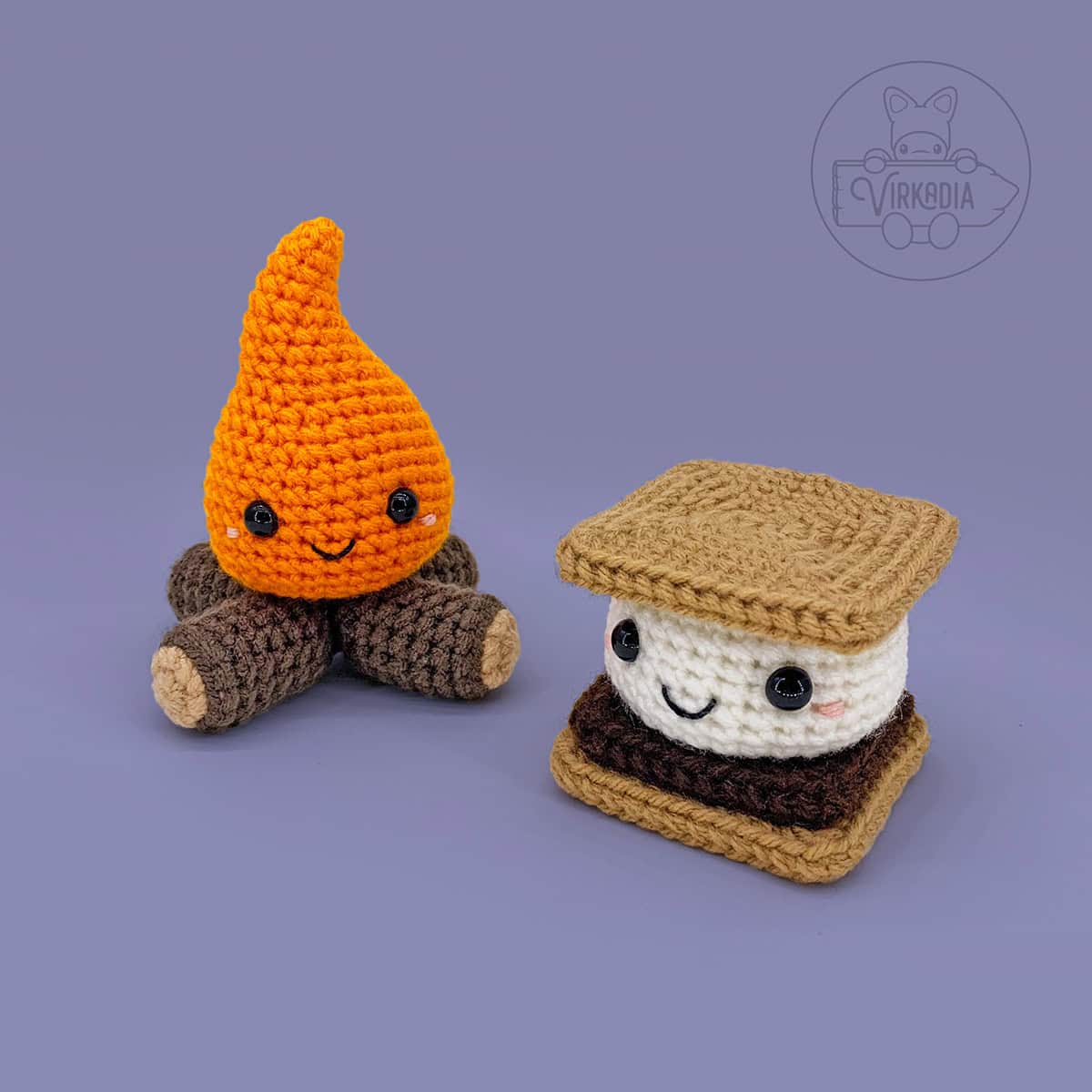 free crochet s'more and crochet campfire amigurumi plushies for summer crafts, camping decorations, vacation gifts, and DIY decor
