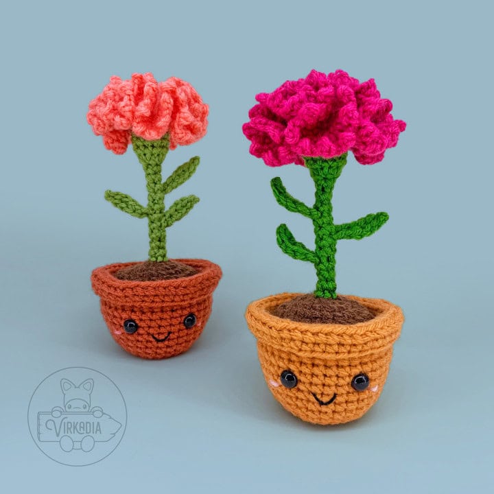 free crochet carnation amigurumi plushies for DIY gifts, spring crafts, and plant decor