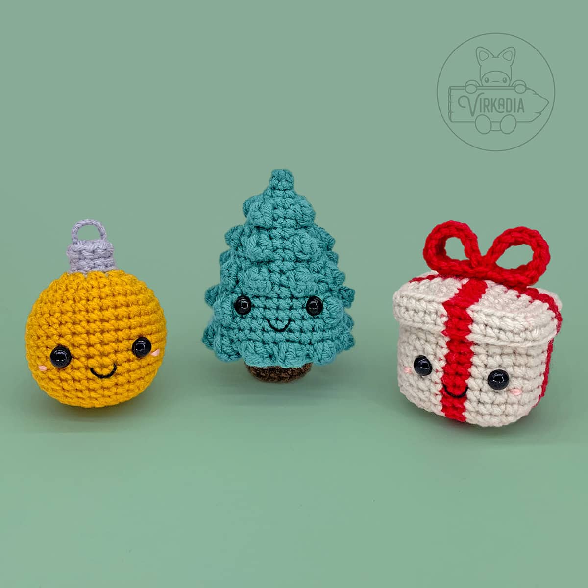 crochet ornament, crochet pine tree, and crochet gift box amigurumi plushies for Christmas decorations, DIY holiday decor, winter crafts, and handmade gifts