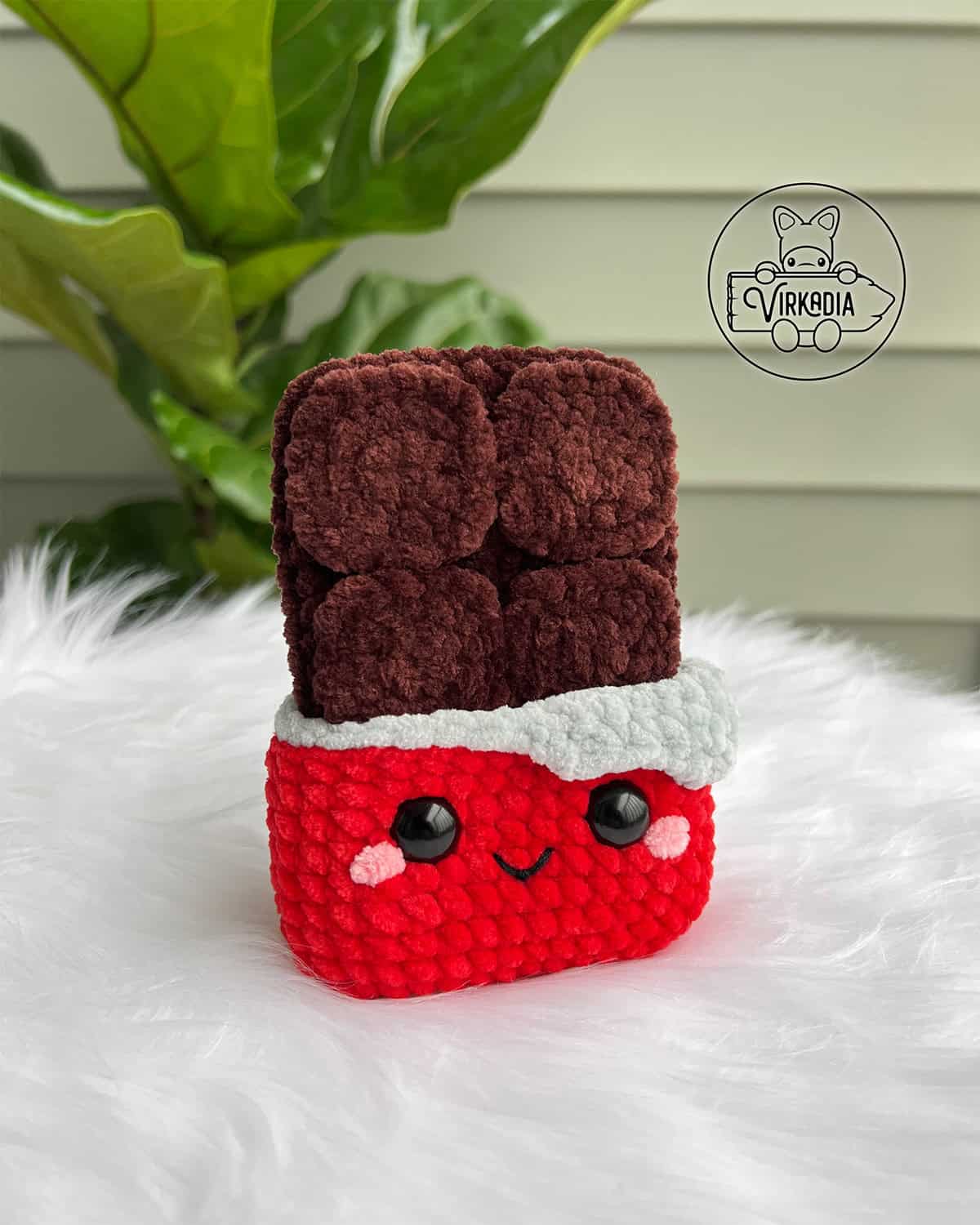 crochet chocolate bar amigurumi plushie in chunky yarn for Valentine's Day decorations, romantic crafts, food decor, and DIY anniversary gifts