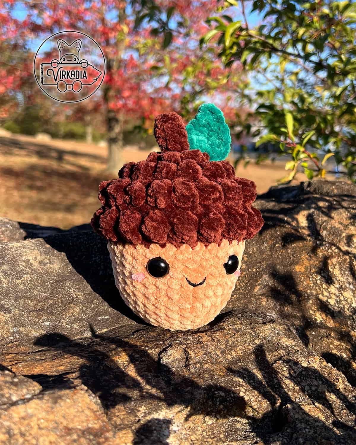 free crochet acorn amigurumi plushie in chunky yarn for DIY fall decor, cottagecore style, and handmade gifts