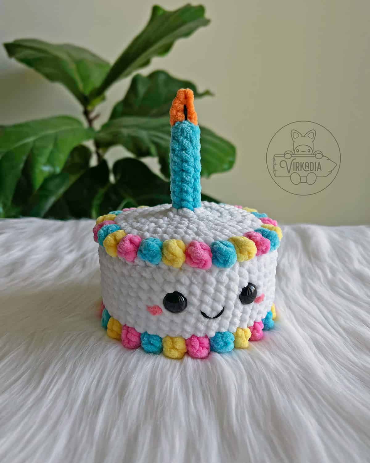 crochet birthday cake amigurumi plushie in chunky yarn for birthday party decorations, DIY holiday decor, birthday party crafts, and handmade birthday gifts