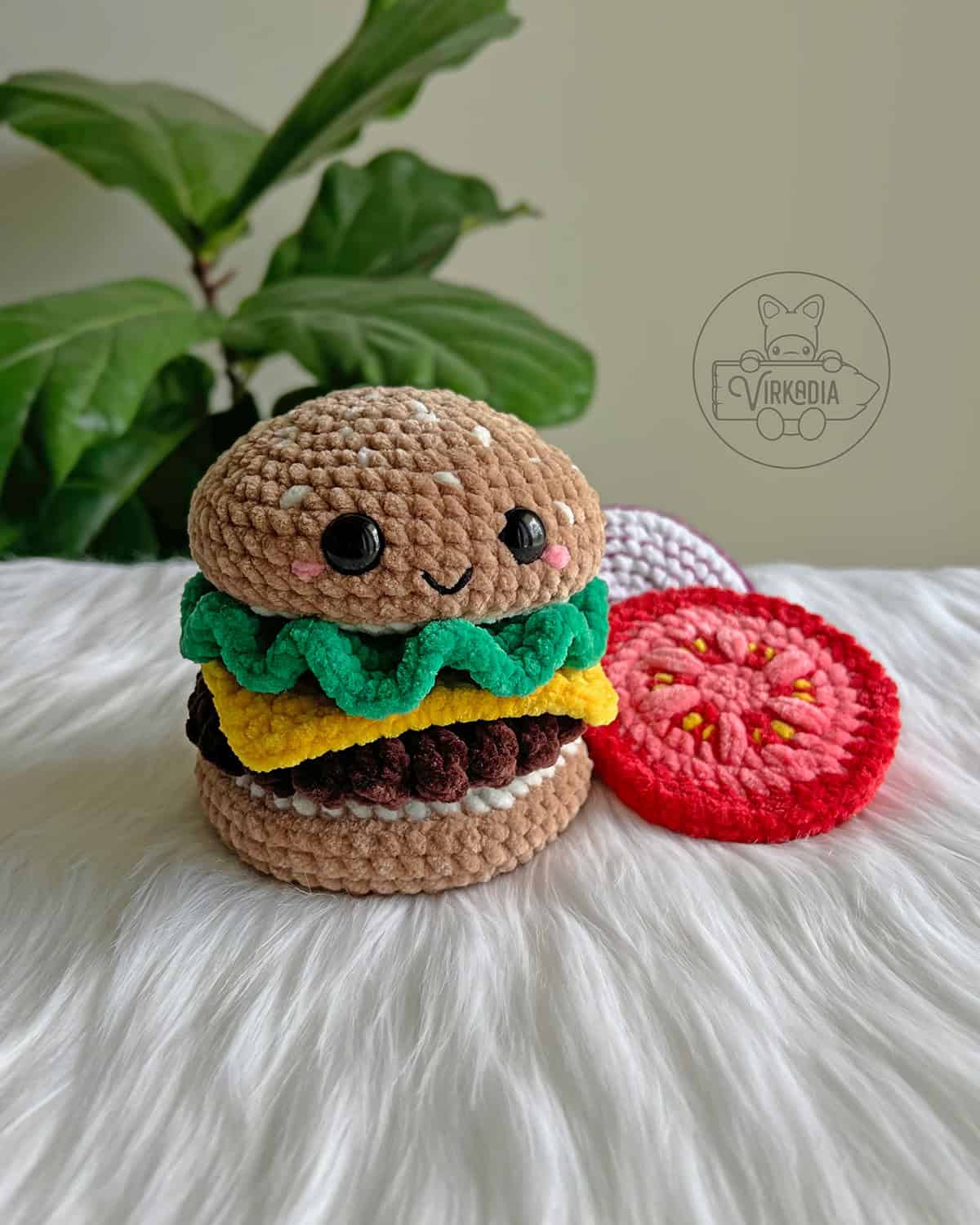 crochet hamburger amigurumi plushie in chunky yarn for barbecue party decorations, DIY holiday decor, summer crafts, and handmade gifts