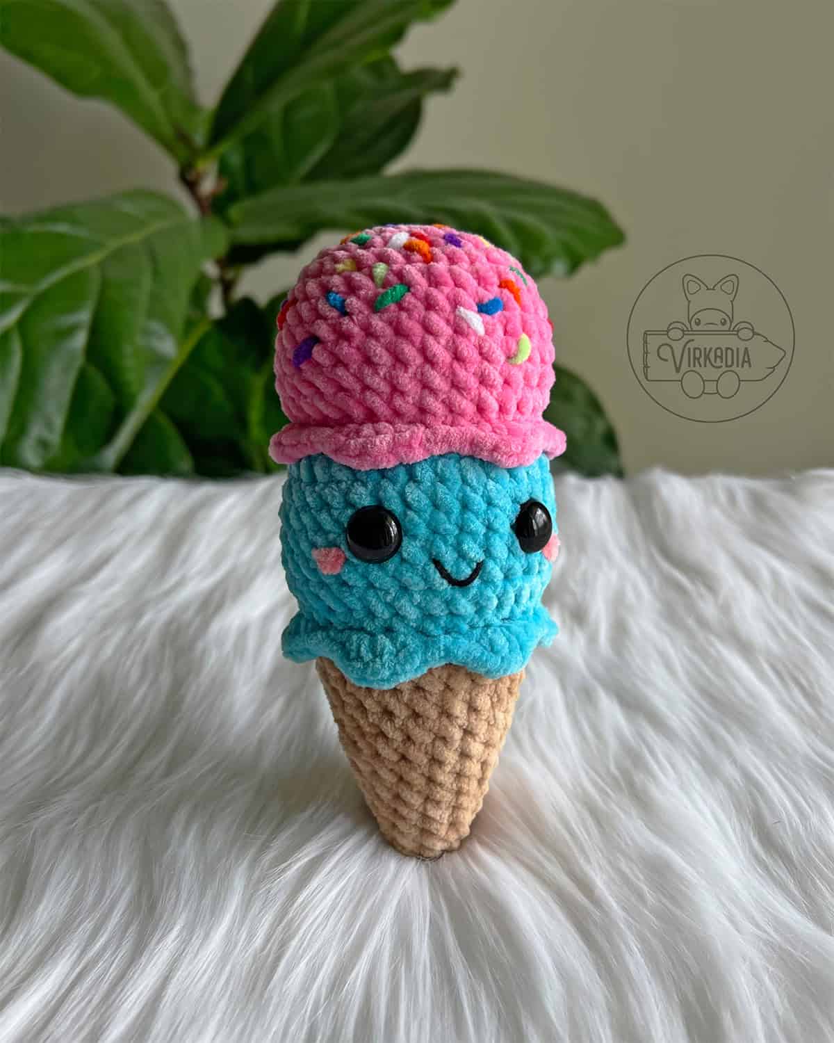 crochet ice cream cone amigurumi plushie in chunky yarn for birthday party decorations, DIY holiday decor, summer crafts, and handmade gifts