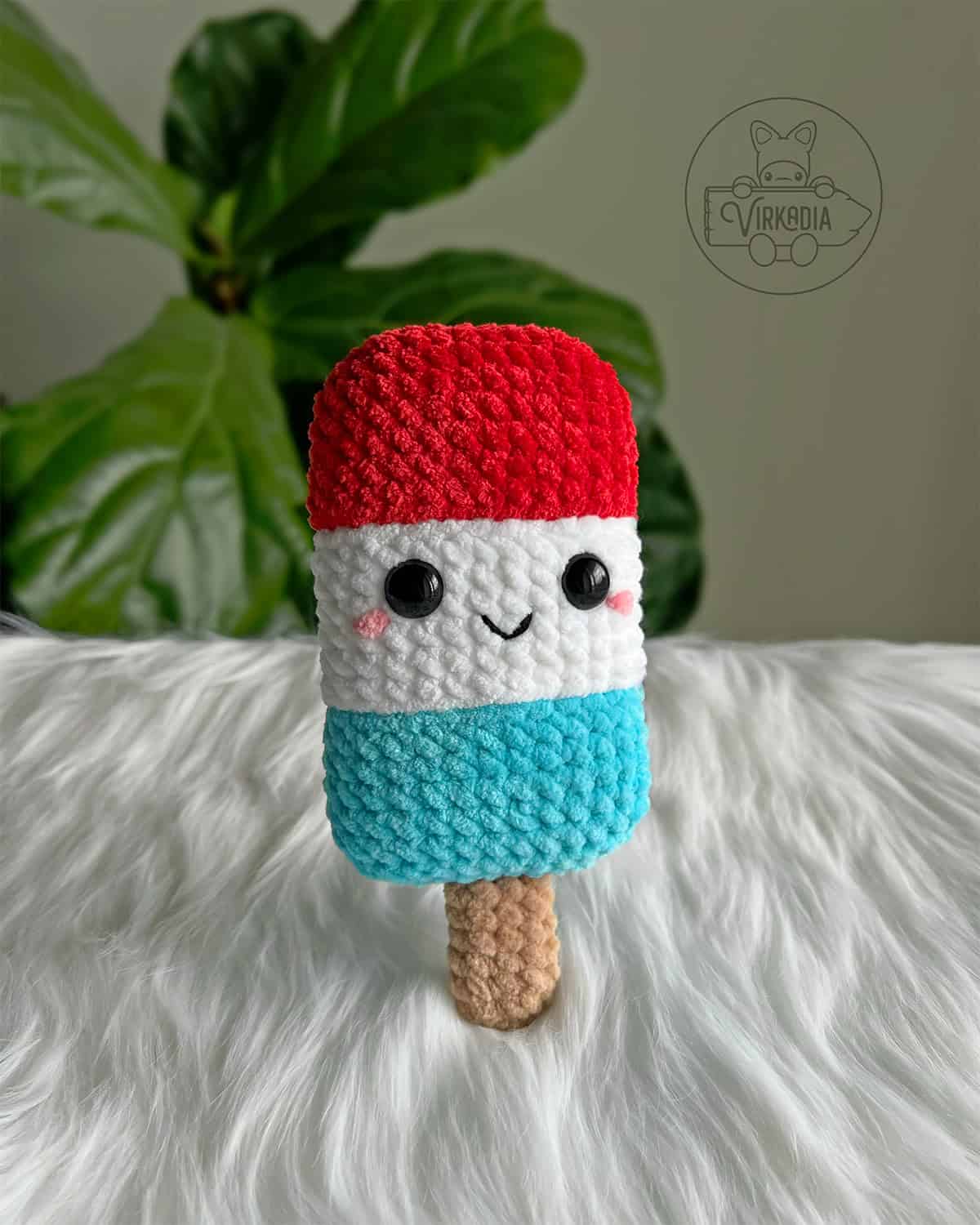 crochet ice pop amigurumi plushie in chunky yarn for 4th of July decorations, DIY holiday decor, summer crafts, and handmade gifts