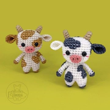 free crochet cow amigurumi plushies for farmcore and cottagecore decorations, DIY gifts, animal decor, and spring crafts