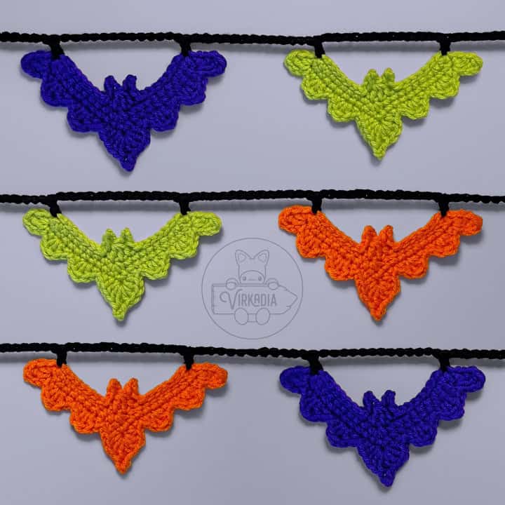 free crochet bat Halloween garland pattern with orange, green, and purple motifs for spooky holiday decor, fall crafts, and DIY gifts
