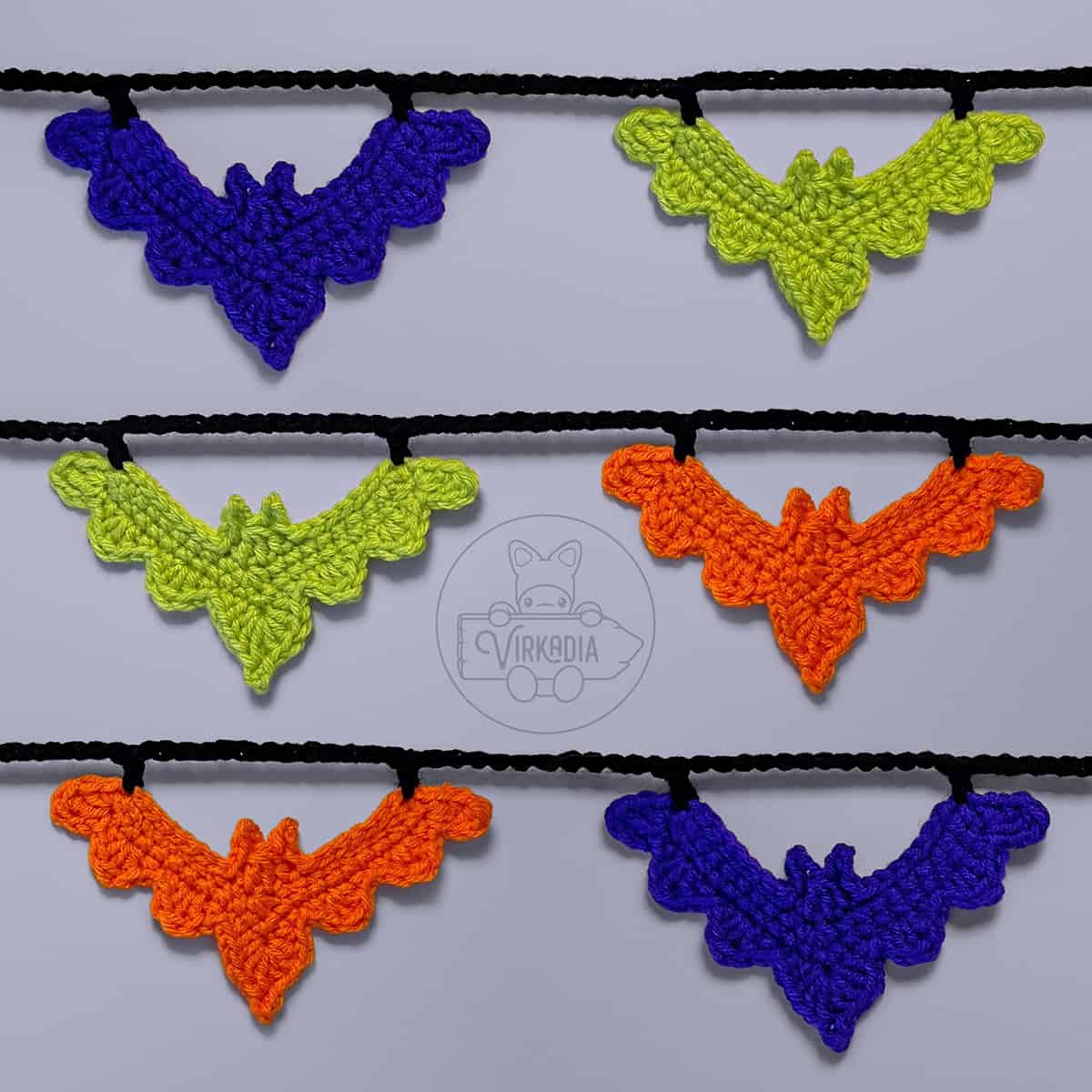 free crochet bat Halloween garland pattern with orange, green, and purple motifs for spooky holiday decor, fall crafts, and DIY gifts