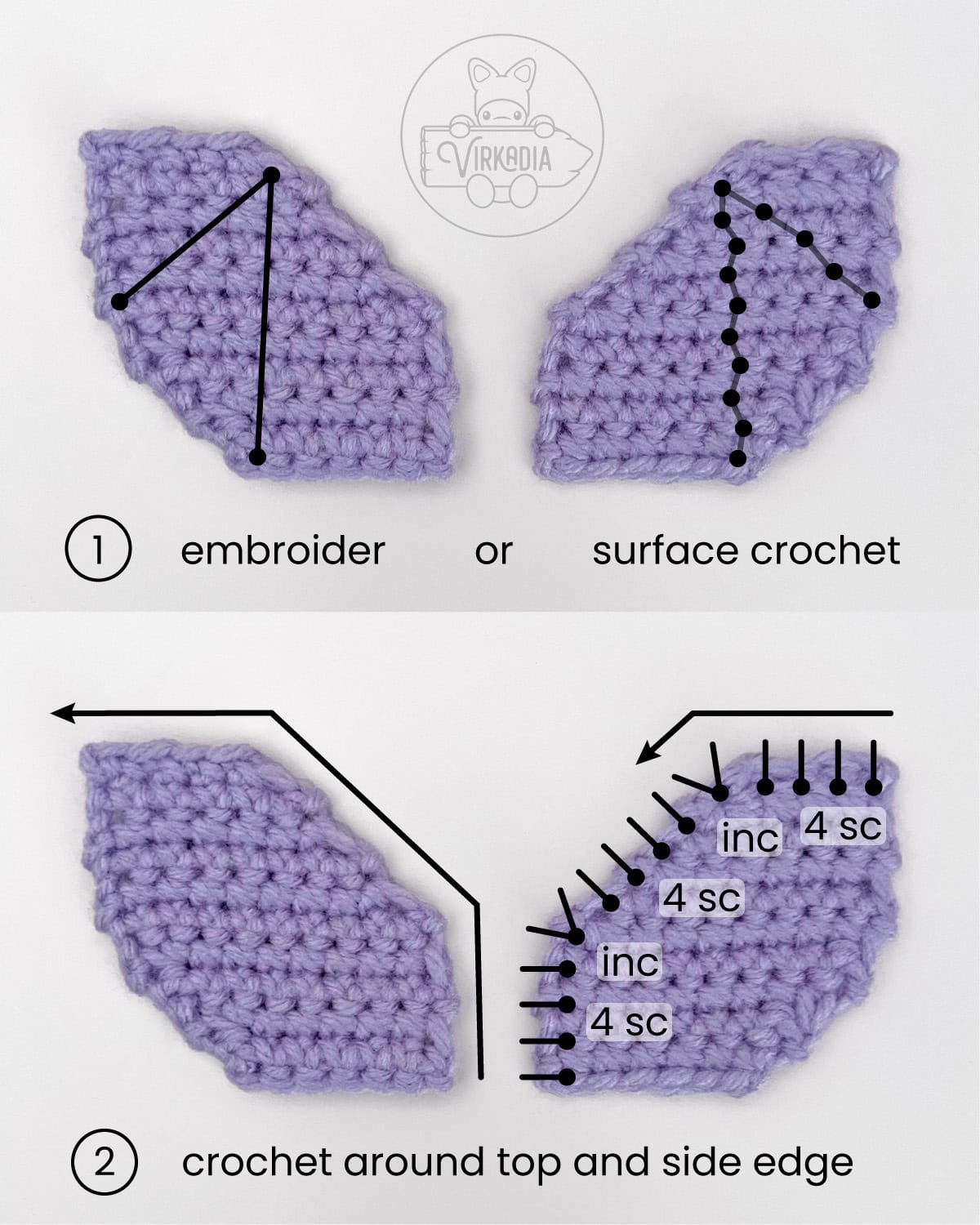 free amigurumi pattern tutorial of how to add details to the wings