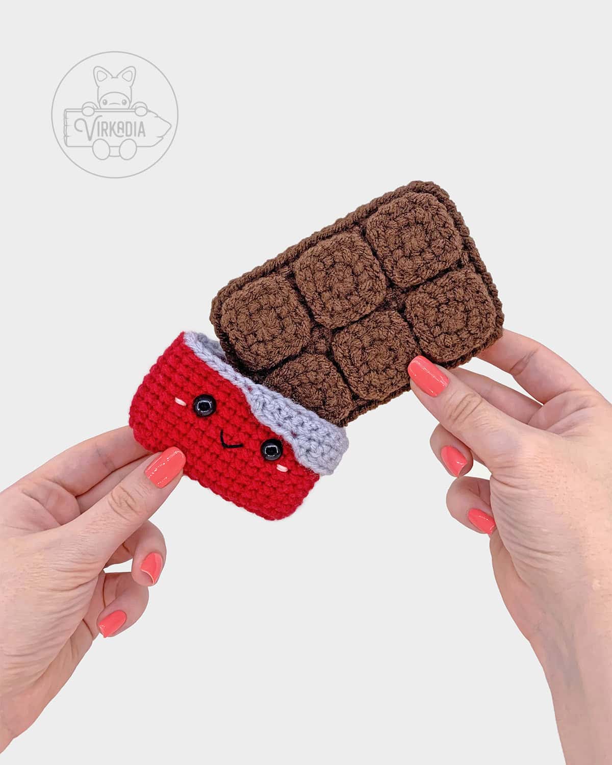 free crochet chocolate bar amigurumi pattern tutorial of how to assemble the chocolate into the wrapper