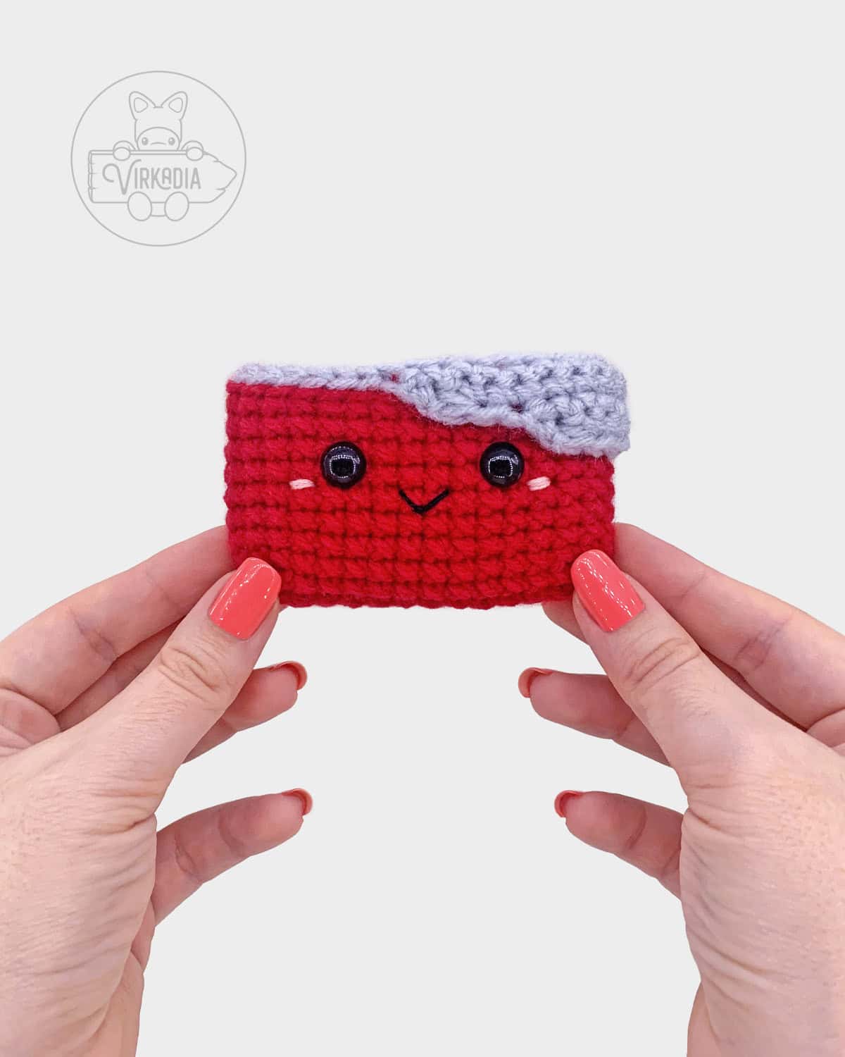free crochet chocolate bar amigurumi pattern tutorial of where the face should be embroidered onto the wrapper