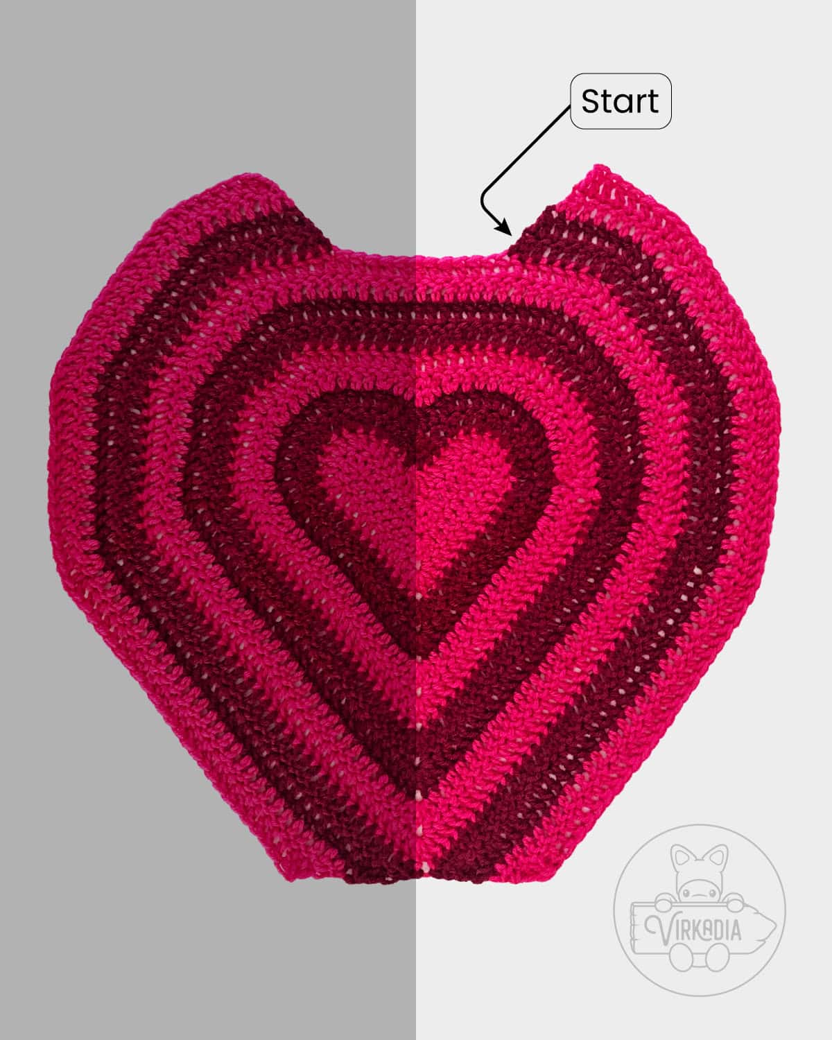 free crochet heart sweater tutorial of the first 4 rounds on the non-dominant side