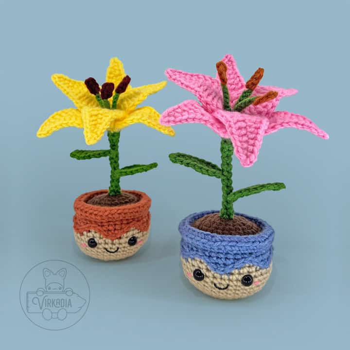 free crochet lily amigurumi plushies for floral decorations, DIY gifts, spring crafts, and plant decor
