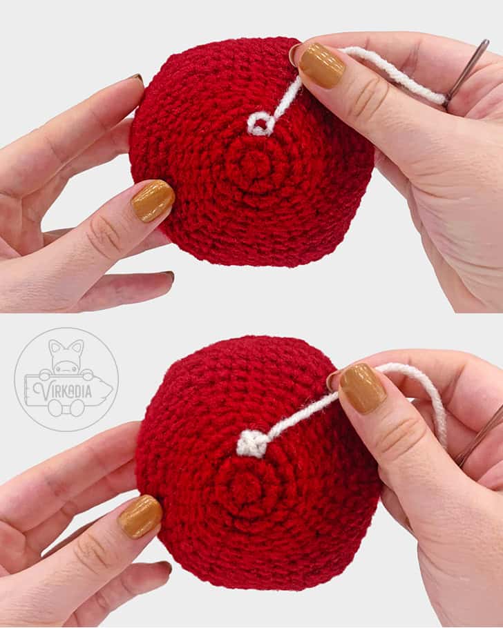 free amigurumi pattern tutorial of how to embroider the spots on the cap