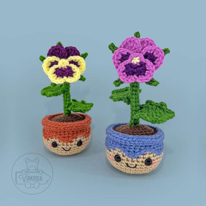 free crochet pansy amigurumi plushies for floral decorations, DIY gifts, spring crafts, and plant decor