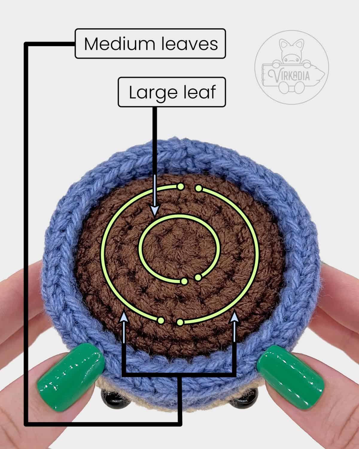 plant amigurumi pattern reference image of where to sew the leaves onto the dirt