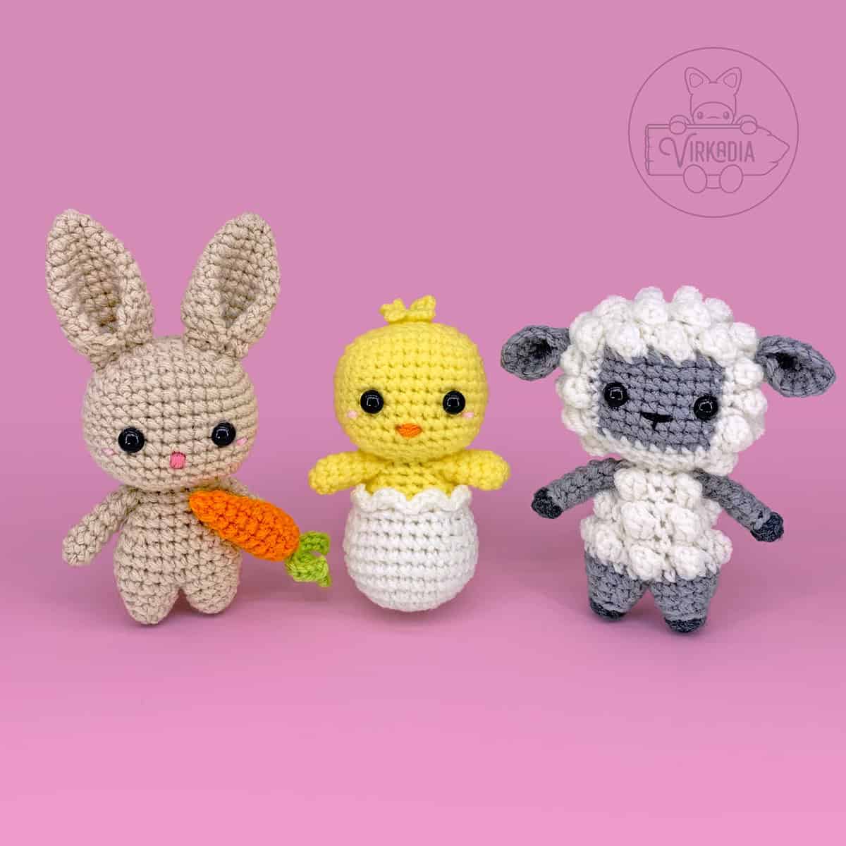 free crochet bunny and crochet chick and crochet lamb amigurumi plushies for DIY Easter decorations, homemade holiday gifts, animal decor, and spring crafts