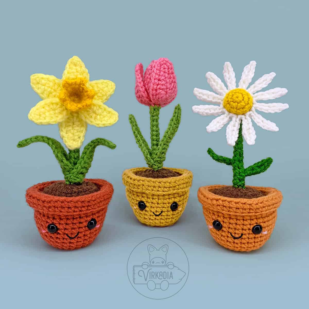 free crochet flower patterns, including a crochet daffodil and crochet tulip and crochet daisy amigurumi plushies for DIY gifts, spring crafts, and plant decor