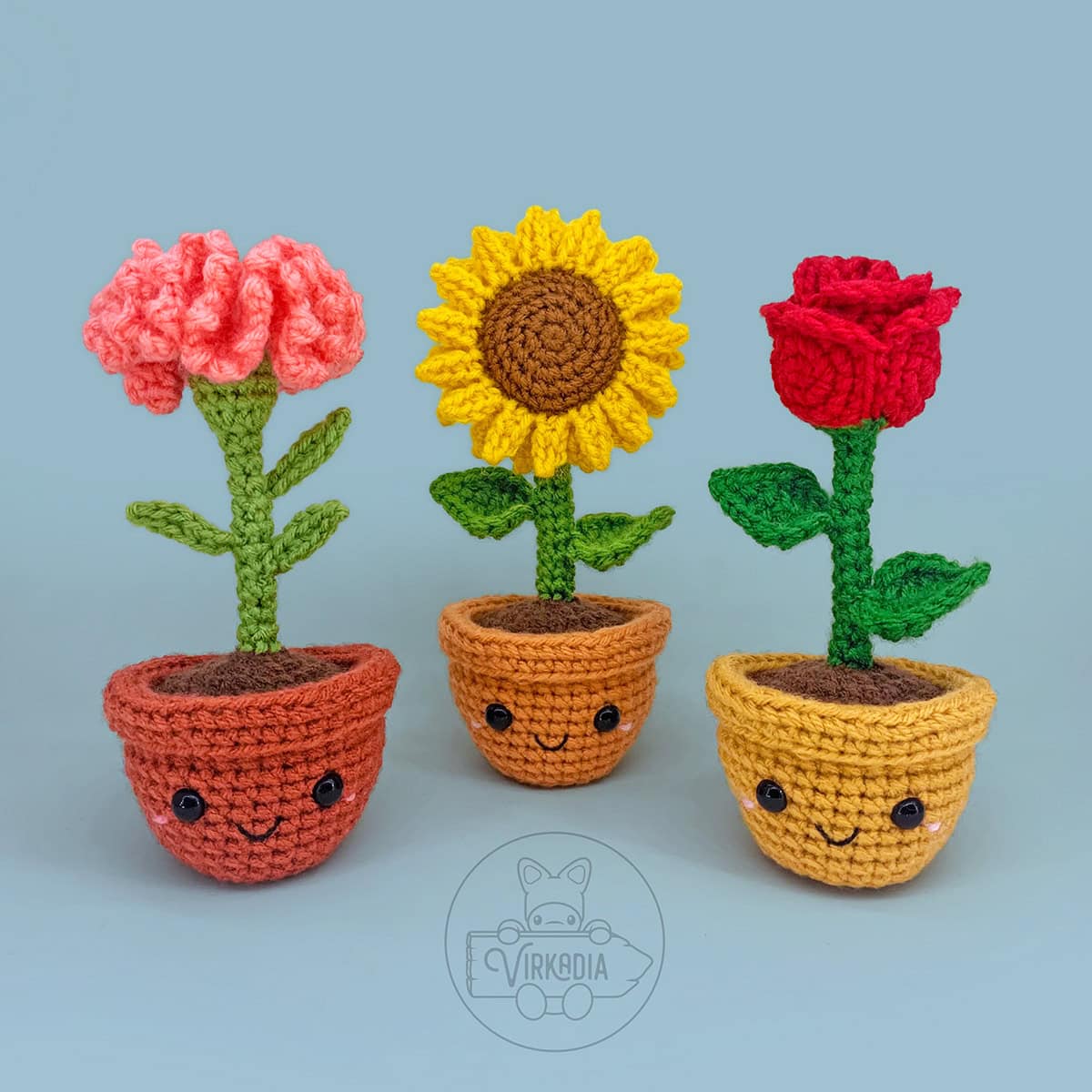 free crochet flower patterns, including a crochet carnation and crochet sunflower and crochet rose amigurumi plushies for DIY home decor, spring crafts, romantic gifts, and plant decorations