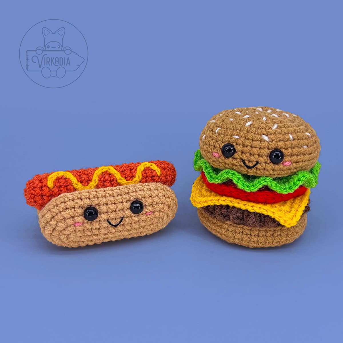 free crochet hot dog and free crochet hamburger amigurumi plushies for DIY gifts, summer crafts, party decorations, and food decor
