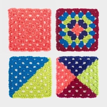 free crochet granny squares in four color ways for afghans and patchwork clothing and bags