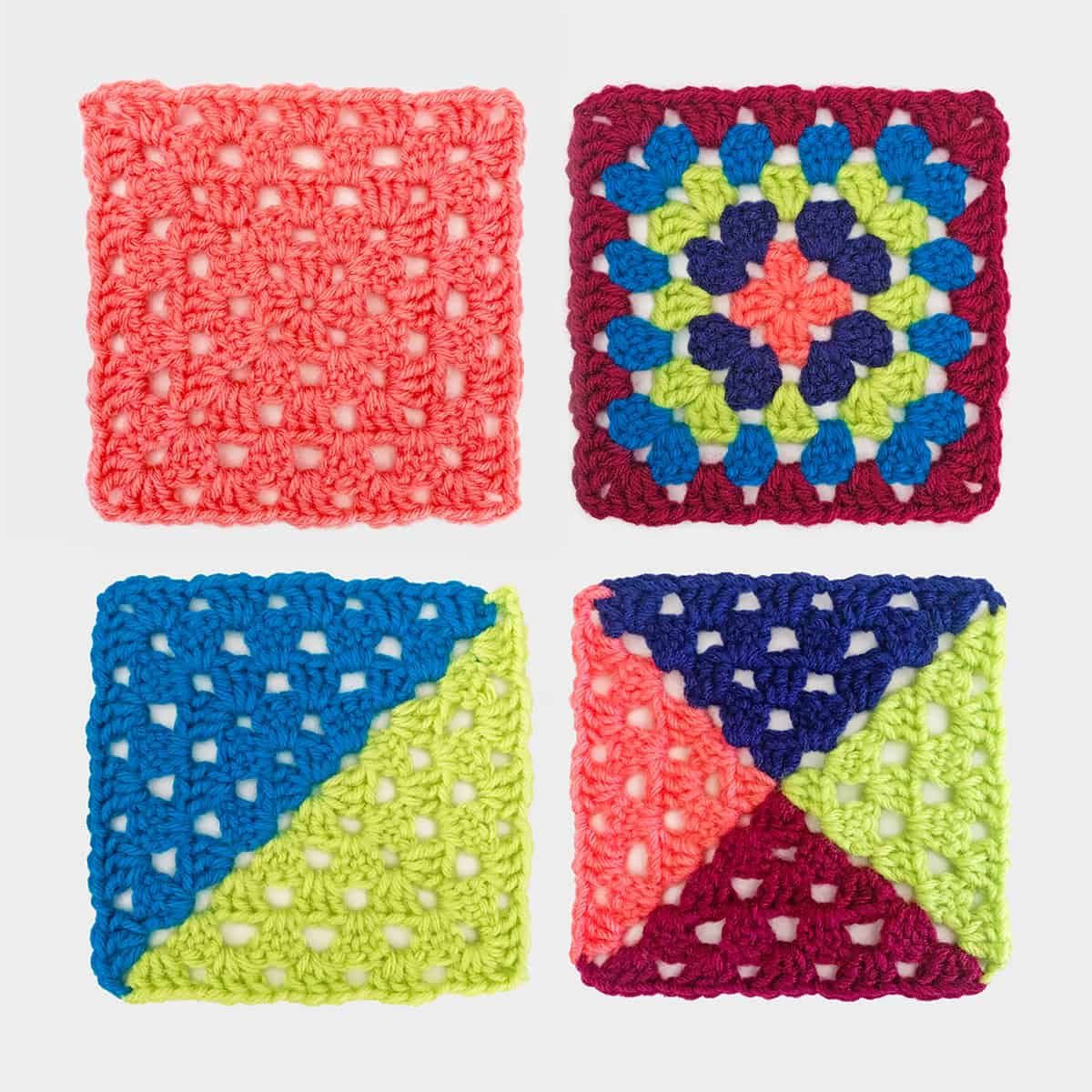 free crochet granny squares in four color ways for afghans and patchwork clothing and bags