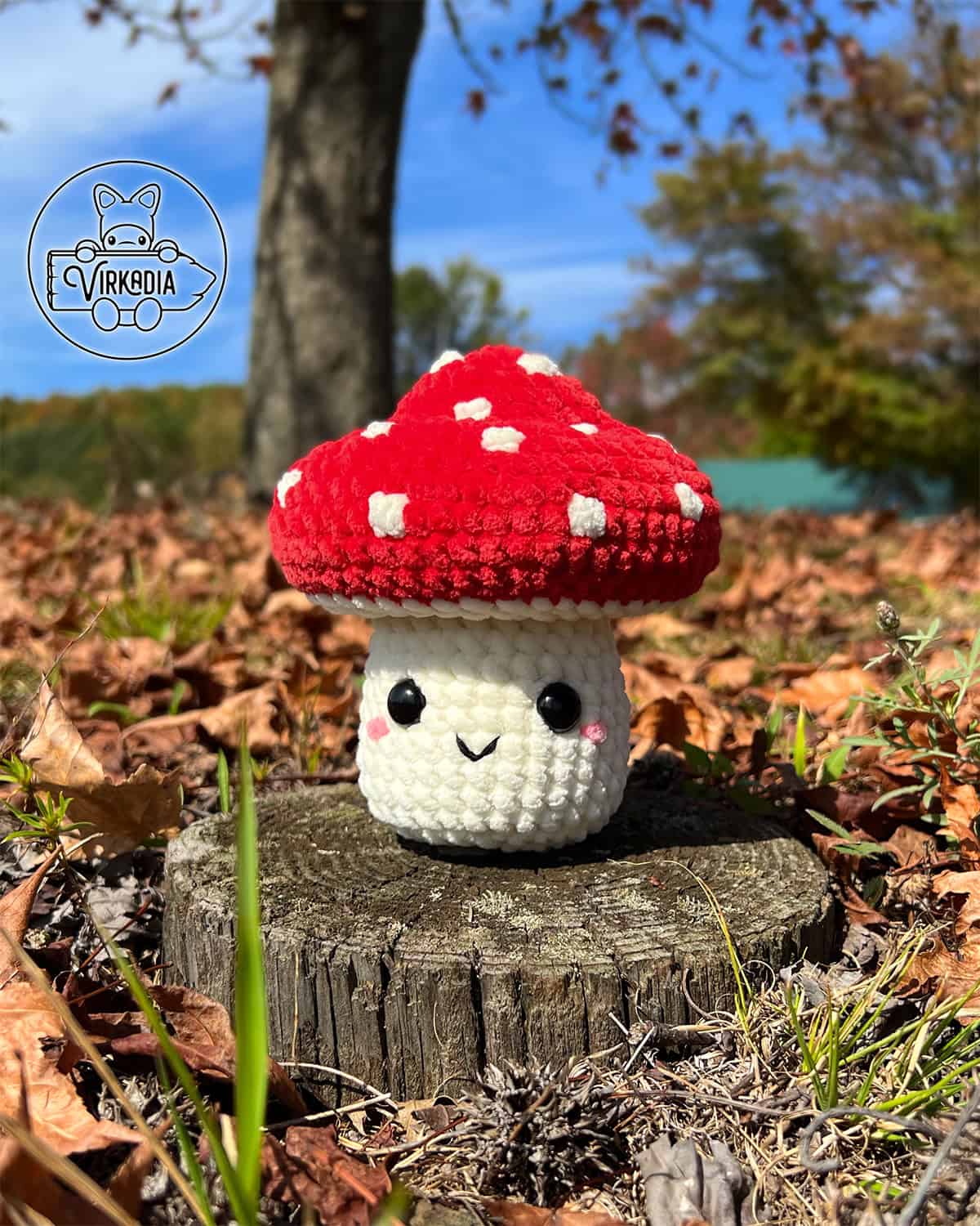free crochet mushroom amigurumi softie in chunky yarn for fall crafts, cottagecore, DIY fall decor, and handmade gifts
