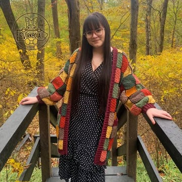 free crochet patchwork cardigan pattern in autumnal colors for fall sweater ideas, DIY gifts, and handmade holiday clothing
