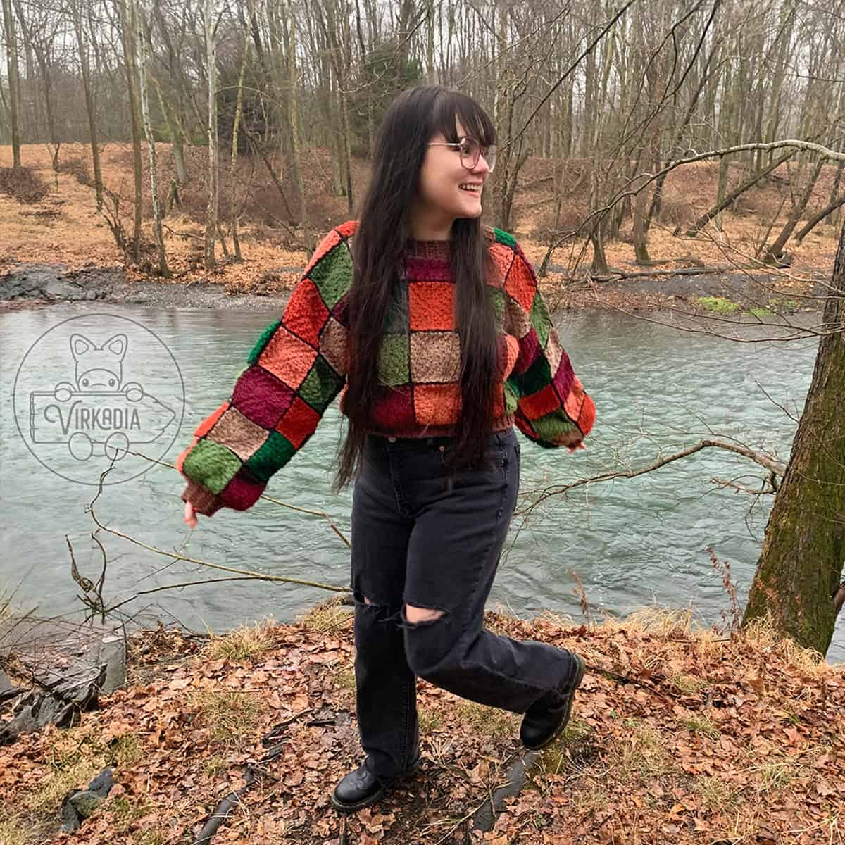 free crochet patchwork sweater pattern in Christmas colors for winter style ideas, DIY gifts, and handmade holiday clothing