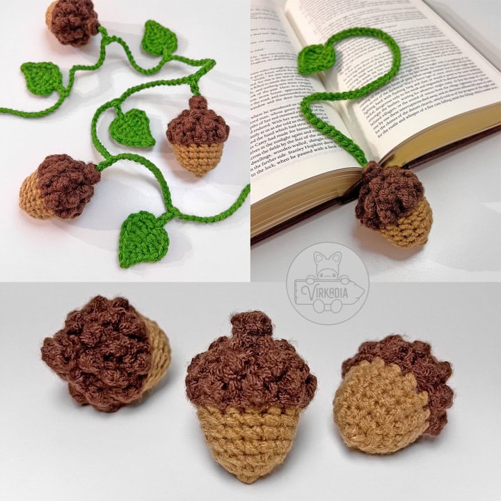 free mini crochet acorn bookmark and garland set with leaf motifs for DIY gifts, fall crafts, and homemade autumn decor