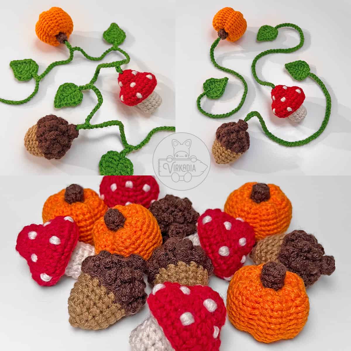 free mini crochet autumn bookmark and garland set with mushrooms, pumpkins, acorns, and leaves for DIY gifts, fall crafts, and homemade autumn decor