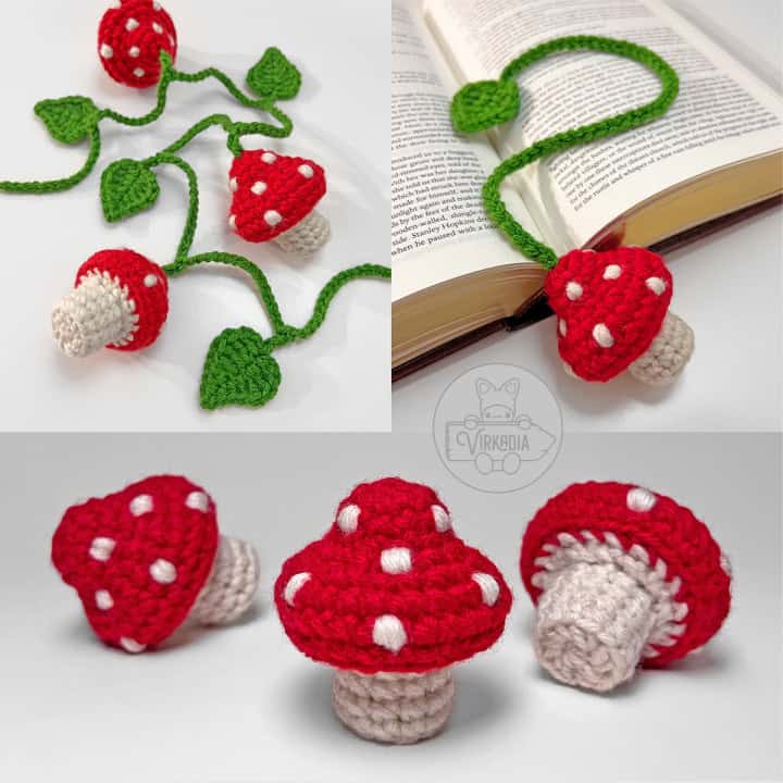 free mini crochet mushroom bookmark and garland set with leaf motifs for DIY gifts, fall crafts, and homemade autumn decor