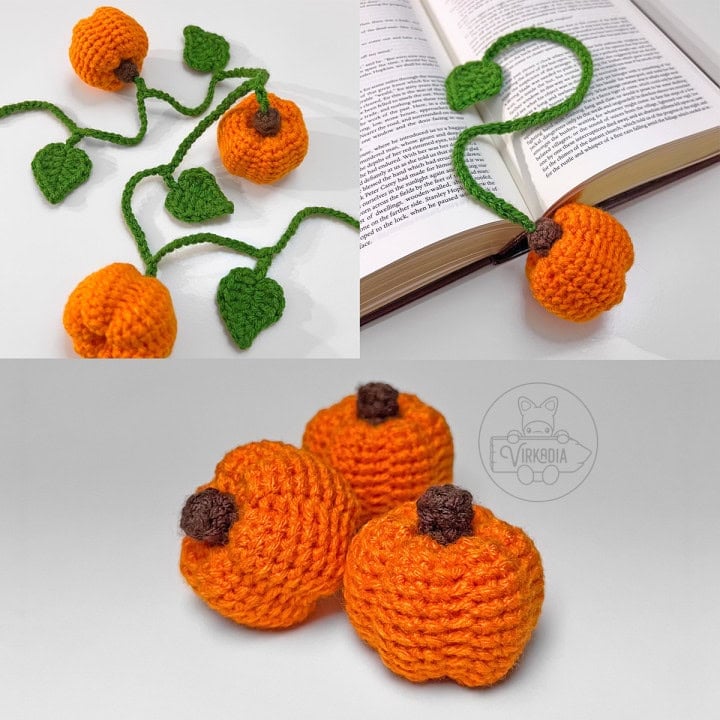 free mini crochet pumpkin bookmark and garland set with leaf motifs for DIY gifts, fall crafts, and homemade autumn decor