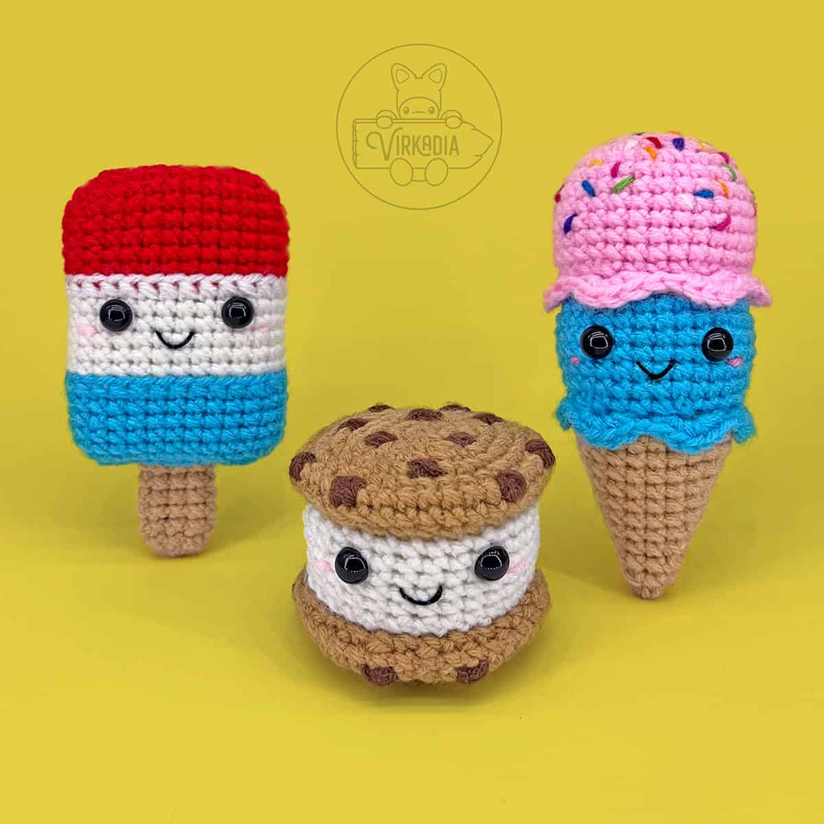 free crochet ice pop and crochet cookie ice cream sandwich and crochet ice cream cone amigurumi plushies for 4th of July decorations, DIY holiday gifts, summer crafts, and frozen dessert food decor