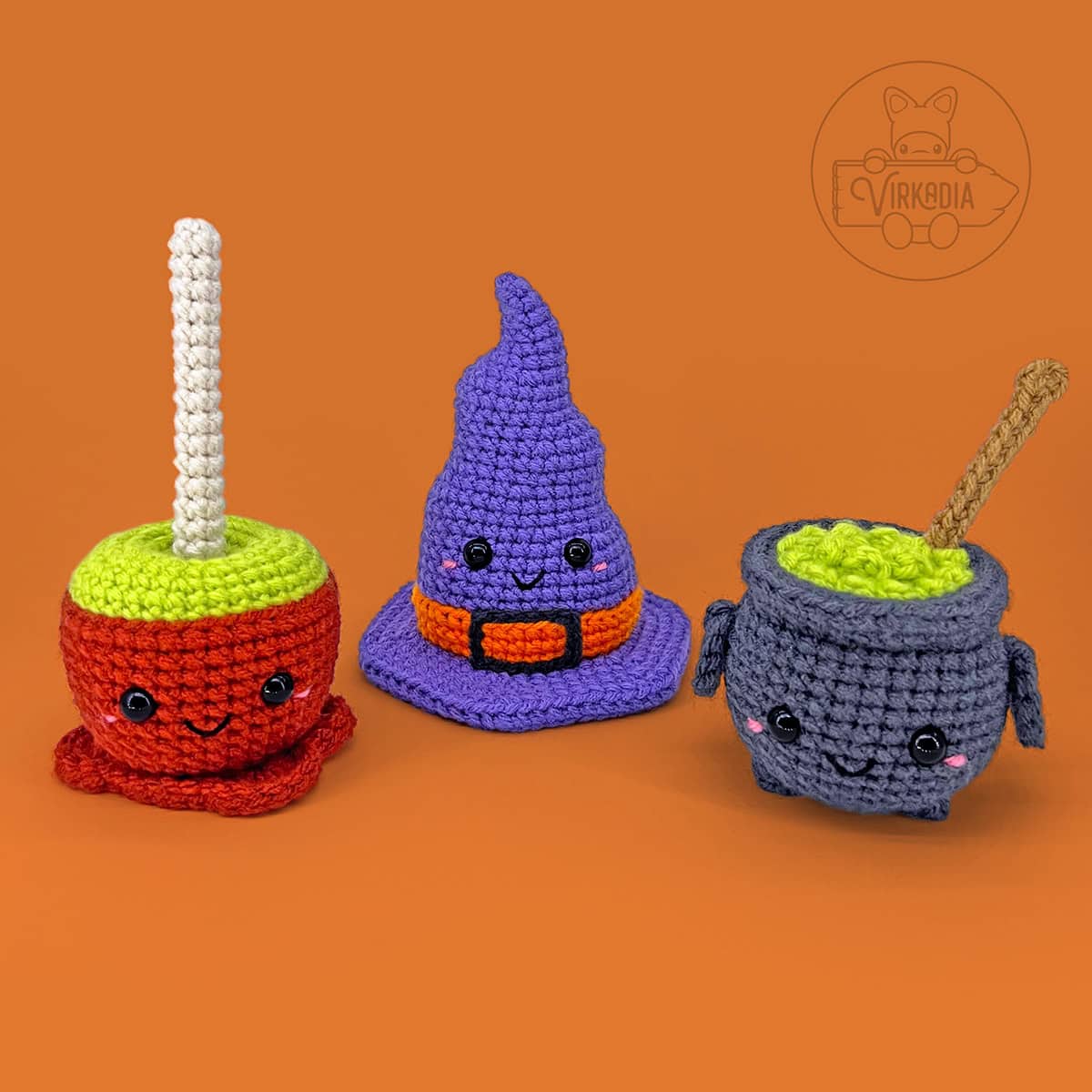 free crochet candy apple and crochet witch hat and crochet potion cauldron amigurumi plushies for Halloween decorations, spooky holiday decor, DIY fall crafts, and handmade gifts