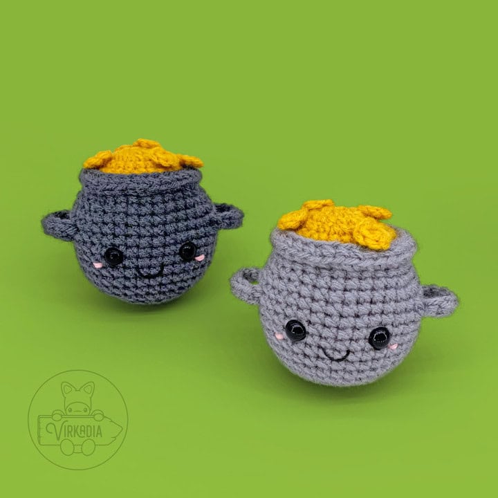 free crochet pot of gold amigurumi plushies for St. Patrick's Day decorations, spring crafts, homemade holiday decor, and DIY gifts