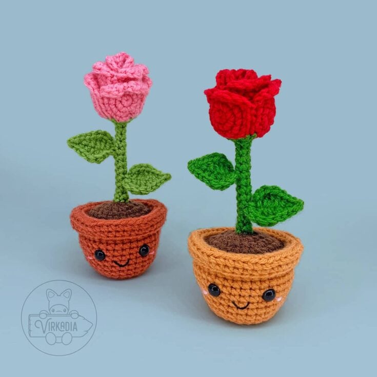 free crochet rose amigurumi plushies for DIY gifts, spring crafts, and plant decor