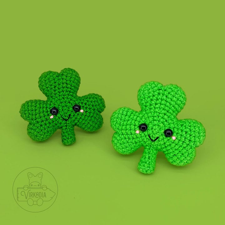 free crochet shamrock amigurumi plushies for St. Patrick's Day decorations, spring crafts, homemade holiday decor, and DIY gifts