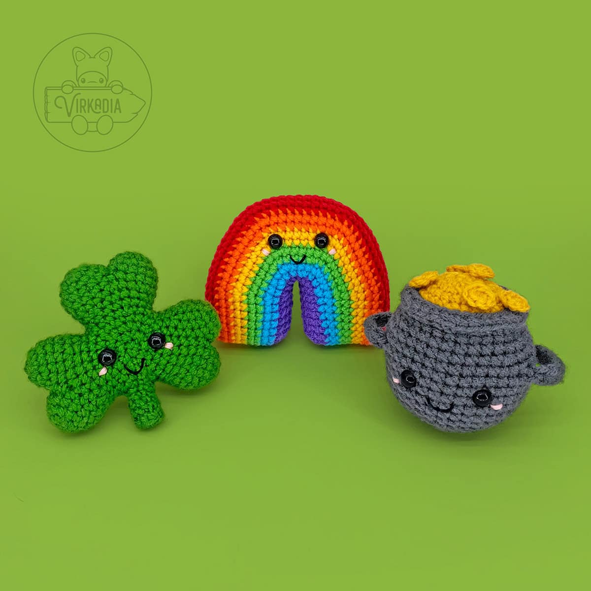 free crochet shamrock and crochet rainbow and crochet pot of gold amigurumi plushies for St. Patrick's Day decorations, spring crafts, DIY holiday decor, and handmade gifts