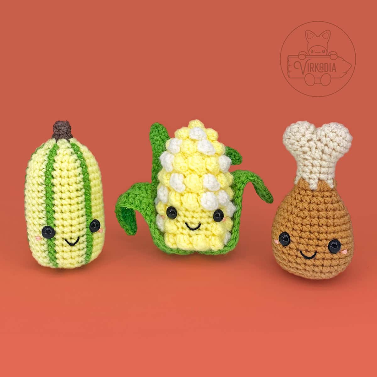 free crochet turkey leg, crochet corn, and crochet squash amigurumi plushies for Thanksgiving decorations, DIY fall decor, harvest crafts, and handmade holiday gifts