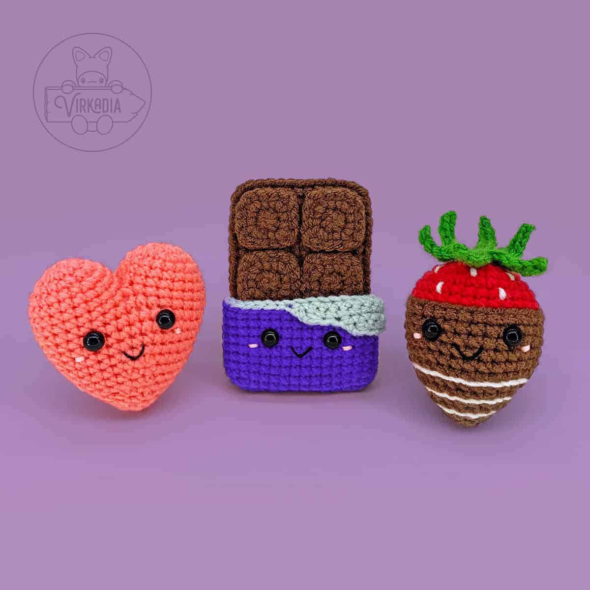 free crochet heart and crochet chocolate bar and crochet chocolate covered strawberry amigurumi plushies for Valentine's Day decorations, DIY holiday decor, and romantic gifts