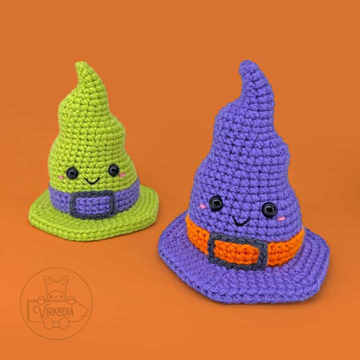 free crochet witch hat amigurumi plushies for Halloween decorations, spooky home decor, and fall crafts, and DIY gifts