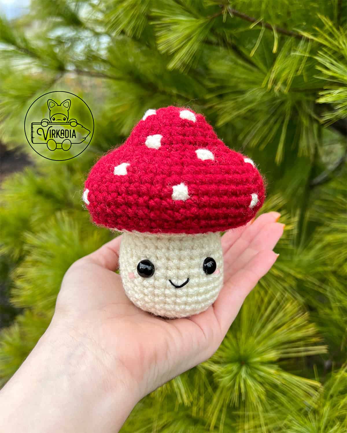 candid shot of a free crochet mushroom amigurumi plushie pattern for DIY fall decor, cottagecore style, and handmade gifts