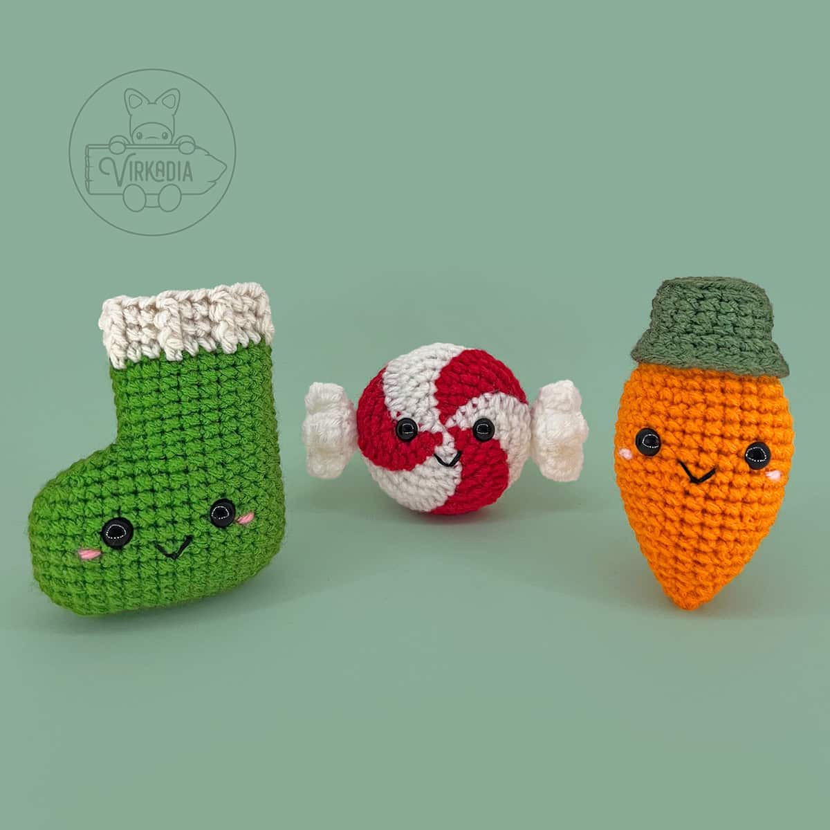 crochet stocking, crochet peppermint candy, and crochet Christmas light amigurumi plushies for Christmas decorations, DIY holiday decor, winter crafts, and handmade gifts